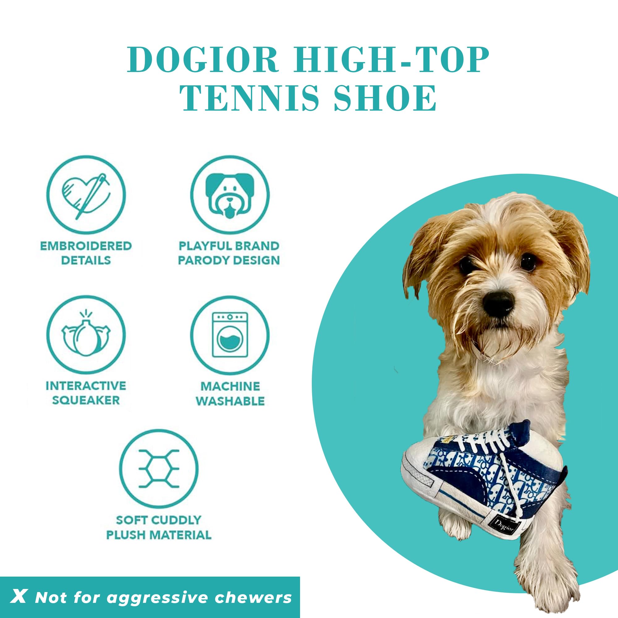 Haute Diggity Dog Dogior high-top tennis shoe toy interactive squeaker boosts solo and interactive play.