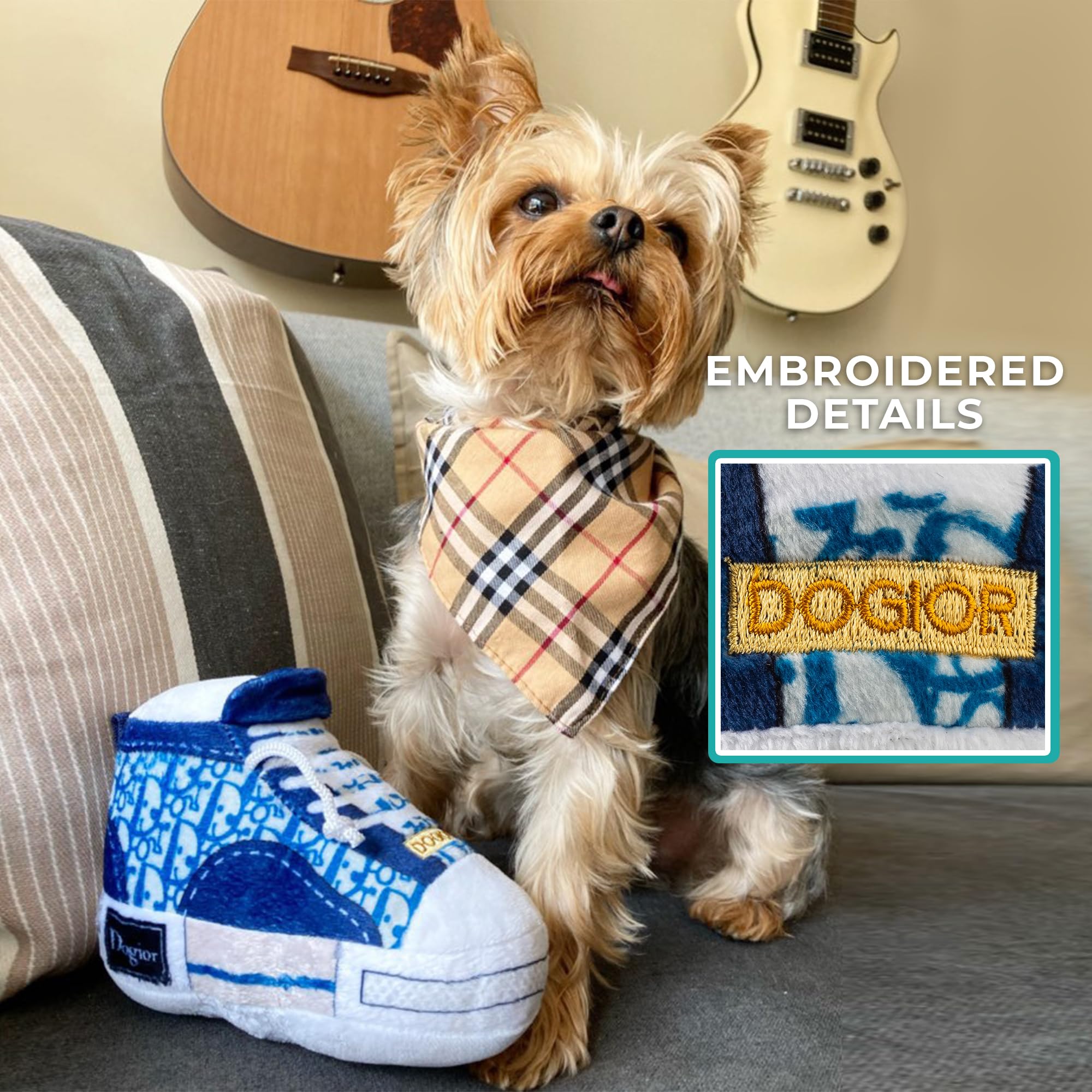 Haute Diggity Dog Dogior high-top tennis shoe toy soft plush material delivers tactile comfort.