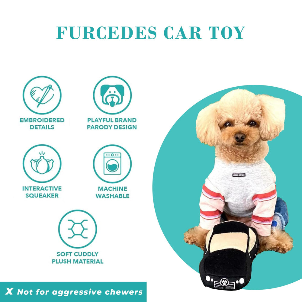 Haute Diggity Dog Furcedes car toy embroidery details highlight style and charm.