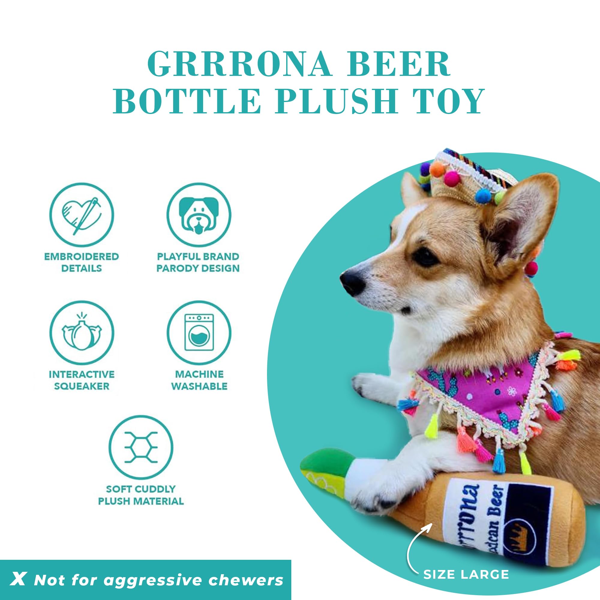 Haute Diggity Dog Grrrona beer bottle toy embroidery detail – stylish parody design.