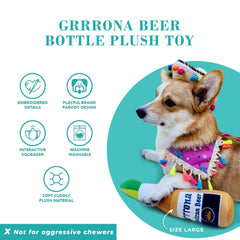 Haute Diggity Dog Grrrona beer bottle toy embroidery detail – stylish parody design.