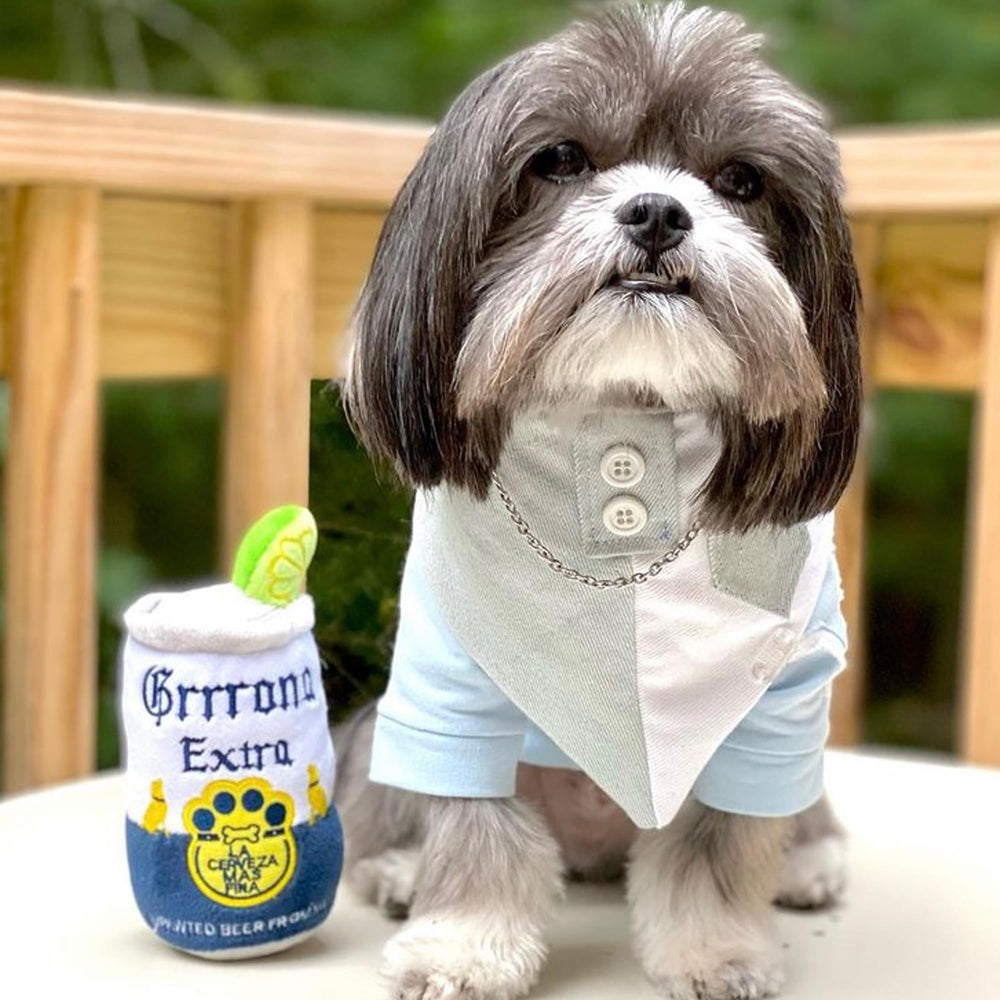Haute Diggity Dog Grrrona Beer Can care instructions highlighting machine-washable ease.