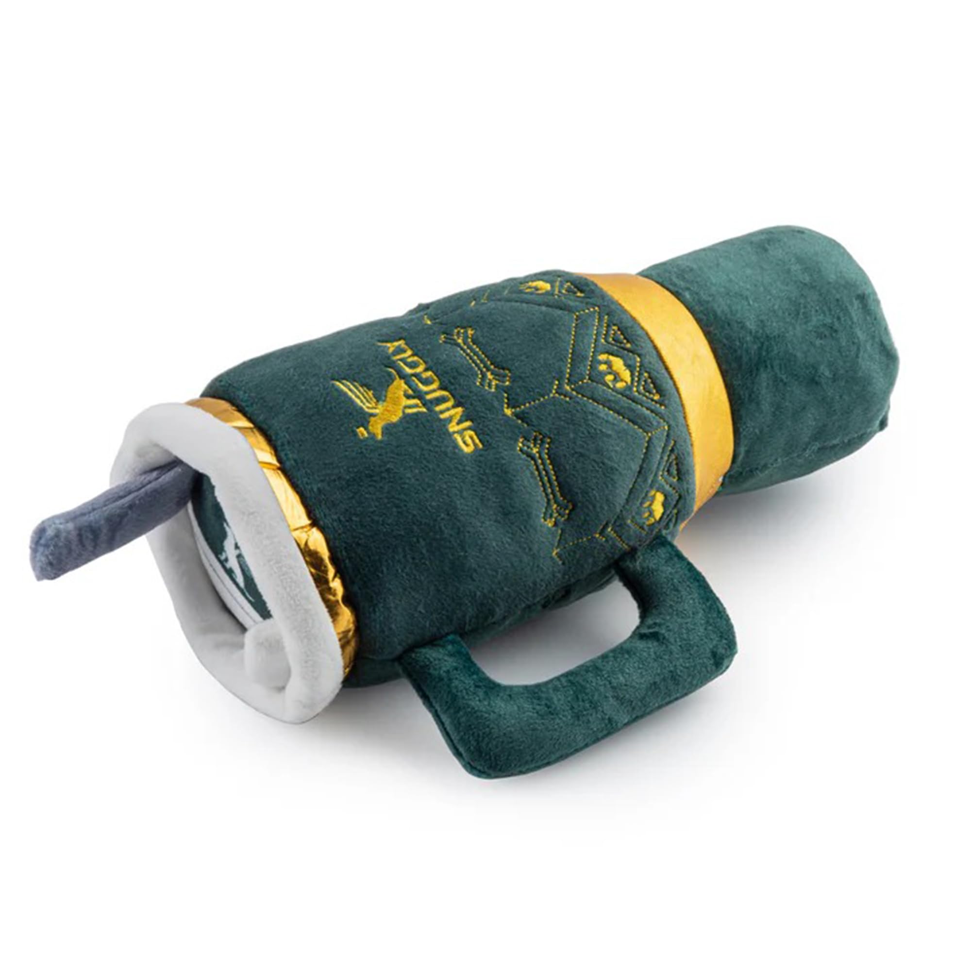 Haute Diggity Dog Holiday Snuggly Cup Toy green plush exterior for cuddles and play