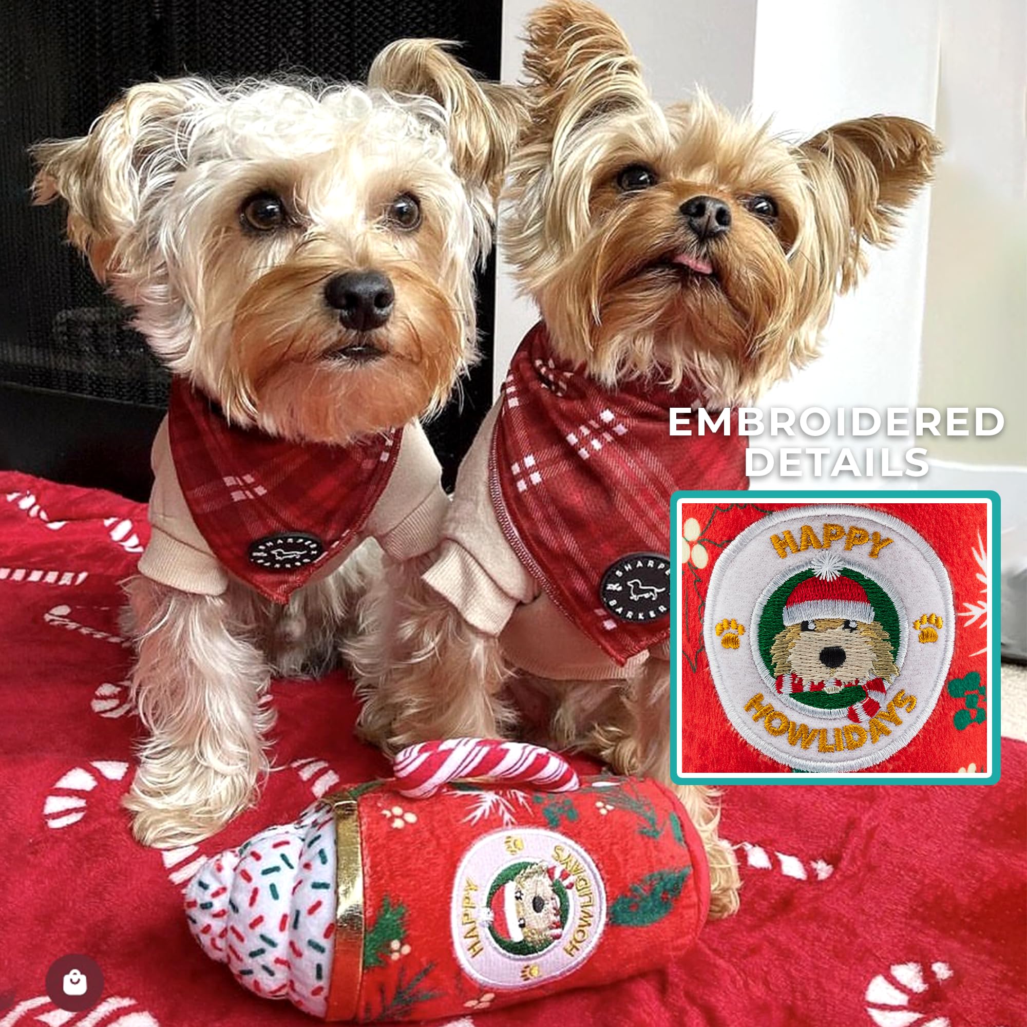 Detalles bordados elegantes en Howliday Cheer para perros de todas las tallas