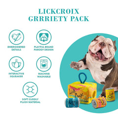 Haute Diggity Dog LickCroix Grrriety Pack plush toy with squeaker for long-lasting engagement.