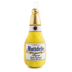 Haute Diggity Dog Muttdelo beer bottle toy front view with durable squeaker for interactive play.