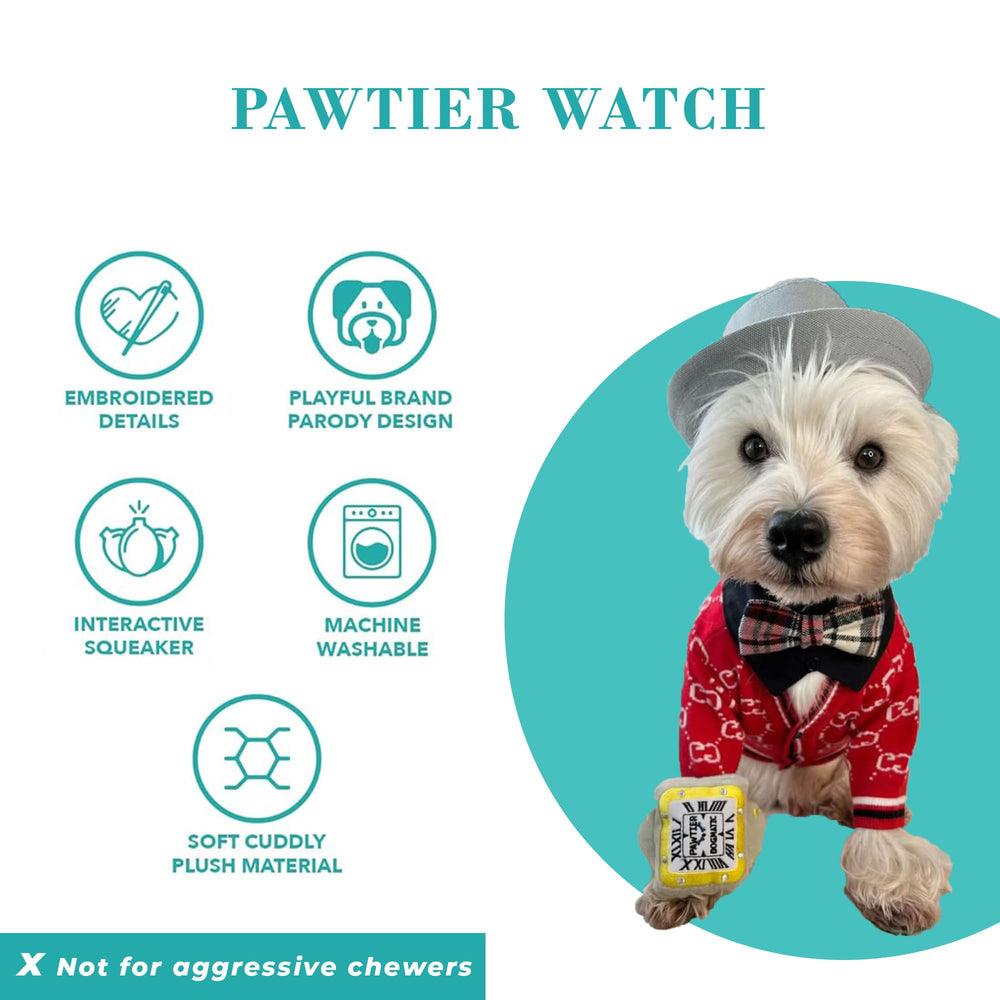 Haute Diggity Dog Pawtier Watch embroidery detail adds stylish charm to everyday dog toys.