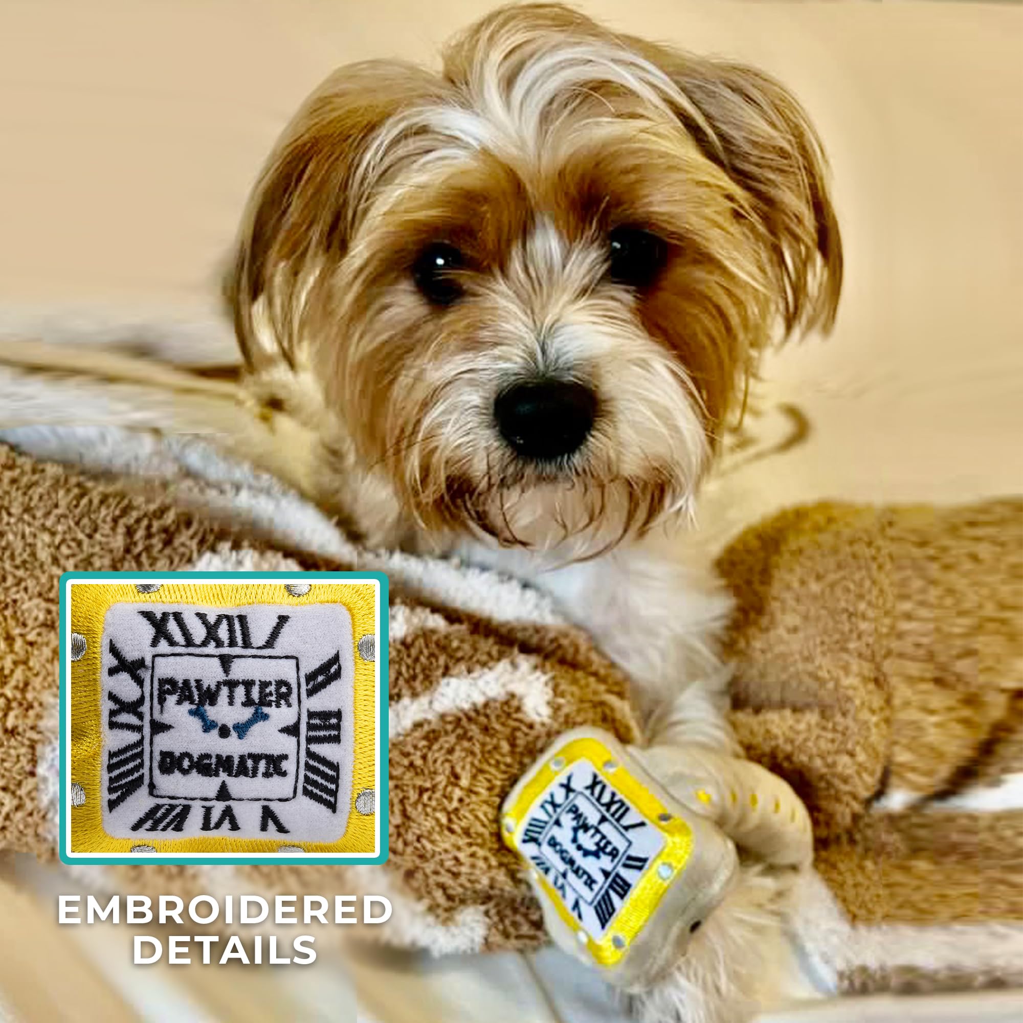 Haute Diggity Dog Pawtier Watch squeaker boosts engagement during fetch and tug sessions.