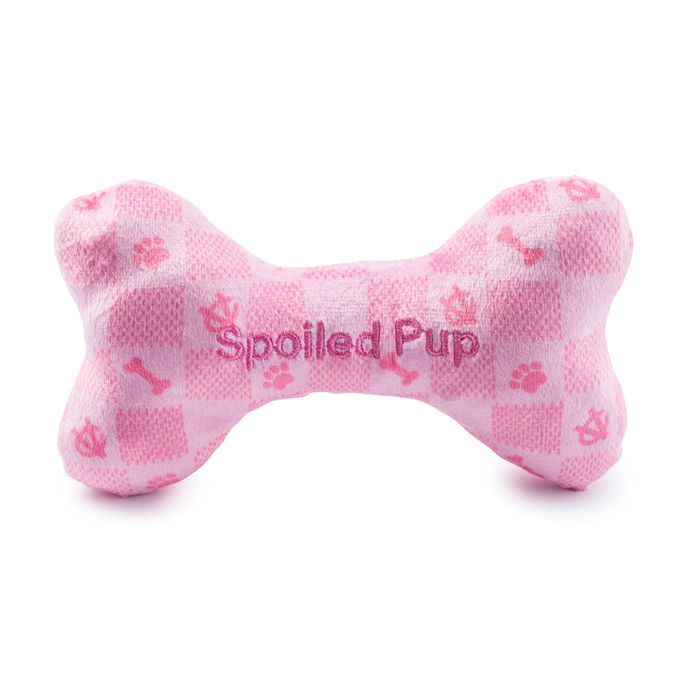 Haute Diggity Dog Pink Checker bone squeaker closeup boosts interactive play