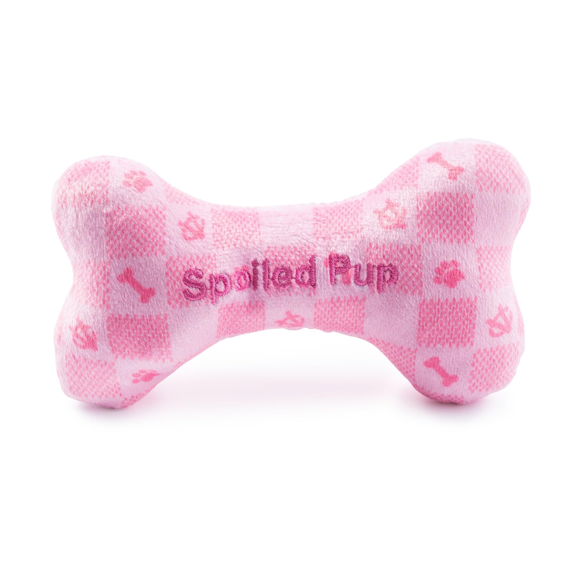 Haute Diggity Dog Pink Checker Chewy Vuiton Bone close-up shows built-in squeaker for interactive entertainment