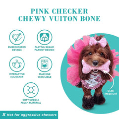 Haute Diggity Dog Pink Checker Chewy Vuiton Bone durable plush fabric endures hours of chewing and fetch