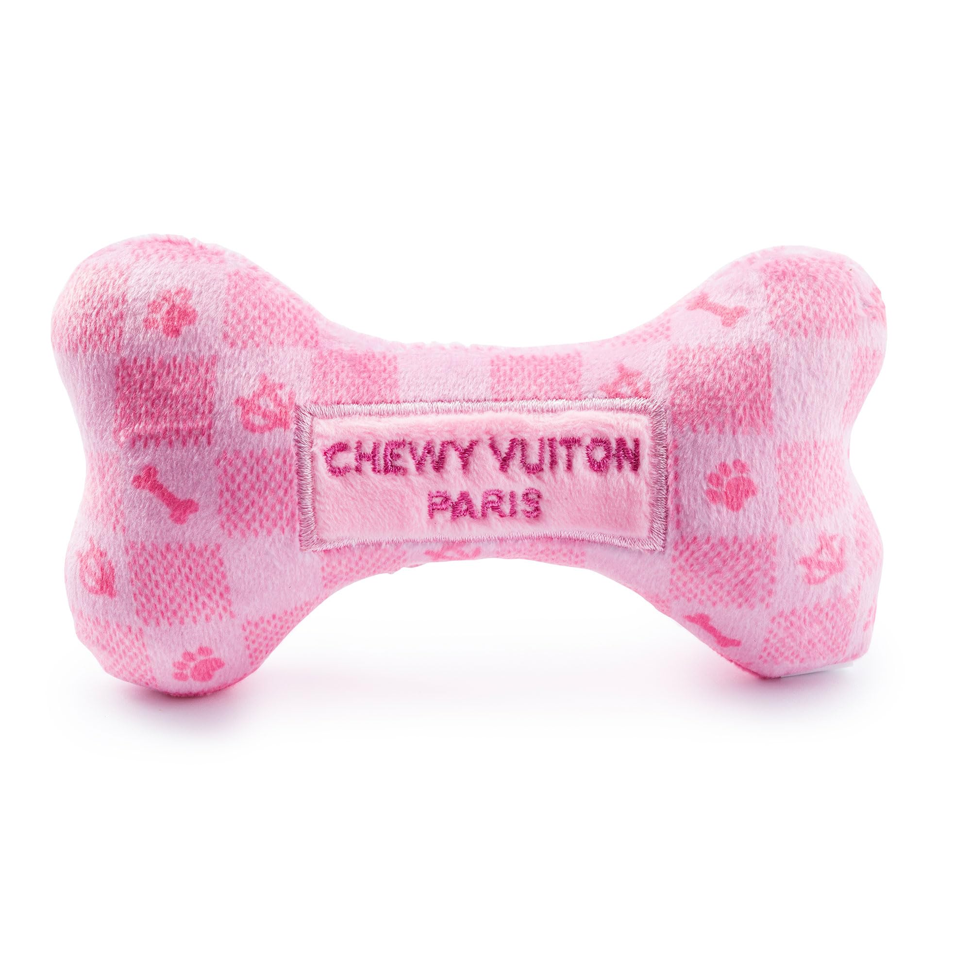 Haute Diggity Dog Pink Checker Chewy Vuiton Bone side view highlights fashion-inspired plush toy for fetch play
