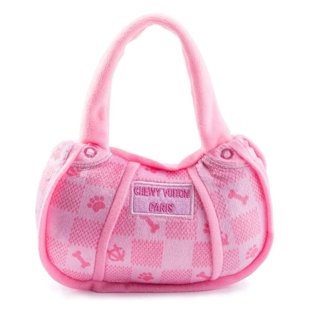 Haute Diggity Dog Pink Checker Chewy Vuiton Handbag front view for stylish fetch sessions.