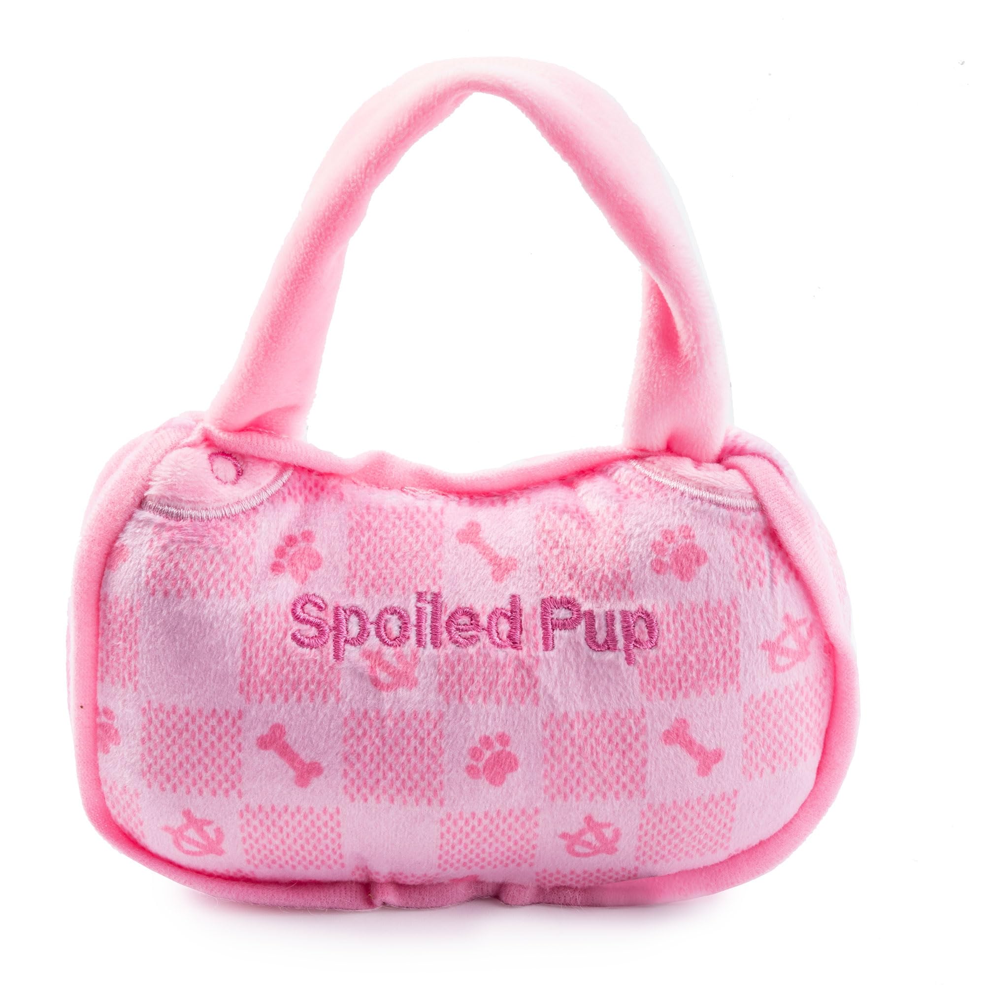 Haute Diggity Dog Pink Checker Chewy Vuiton Handbag squeaker inside boosts interactive play.