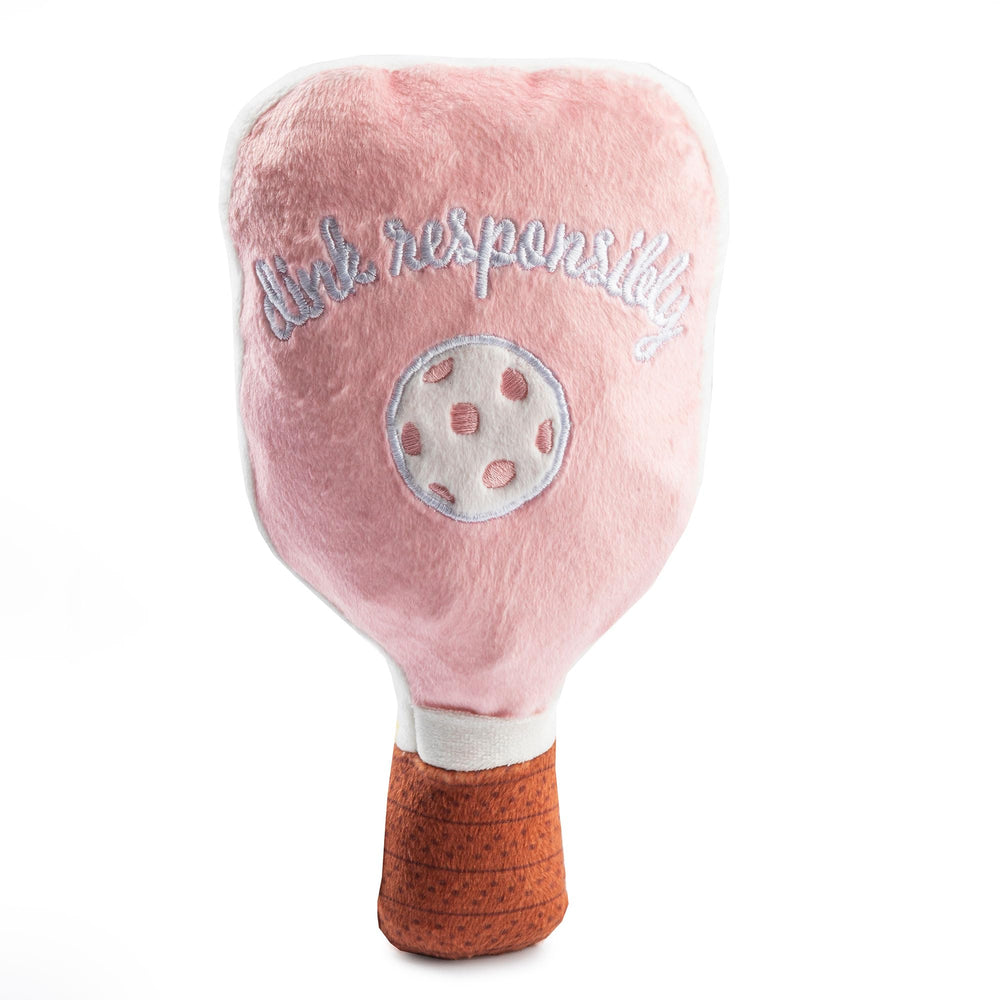 Haute Diggity Dog pink-checker paddle squeaker boosts interactive play.