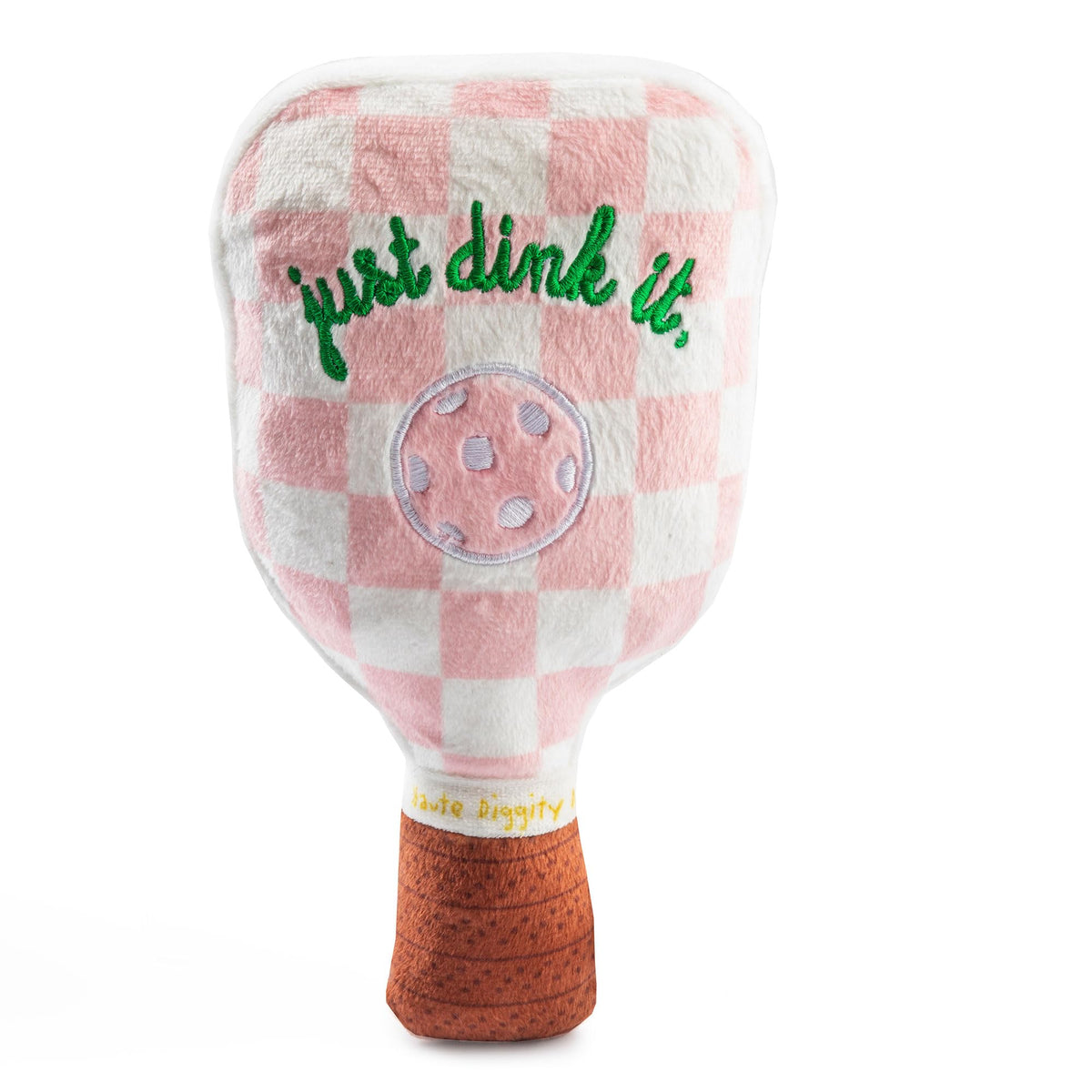 Haute Diggity Dog pink checker pickleball paddle toy ideal for fetch and cuddles.