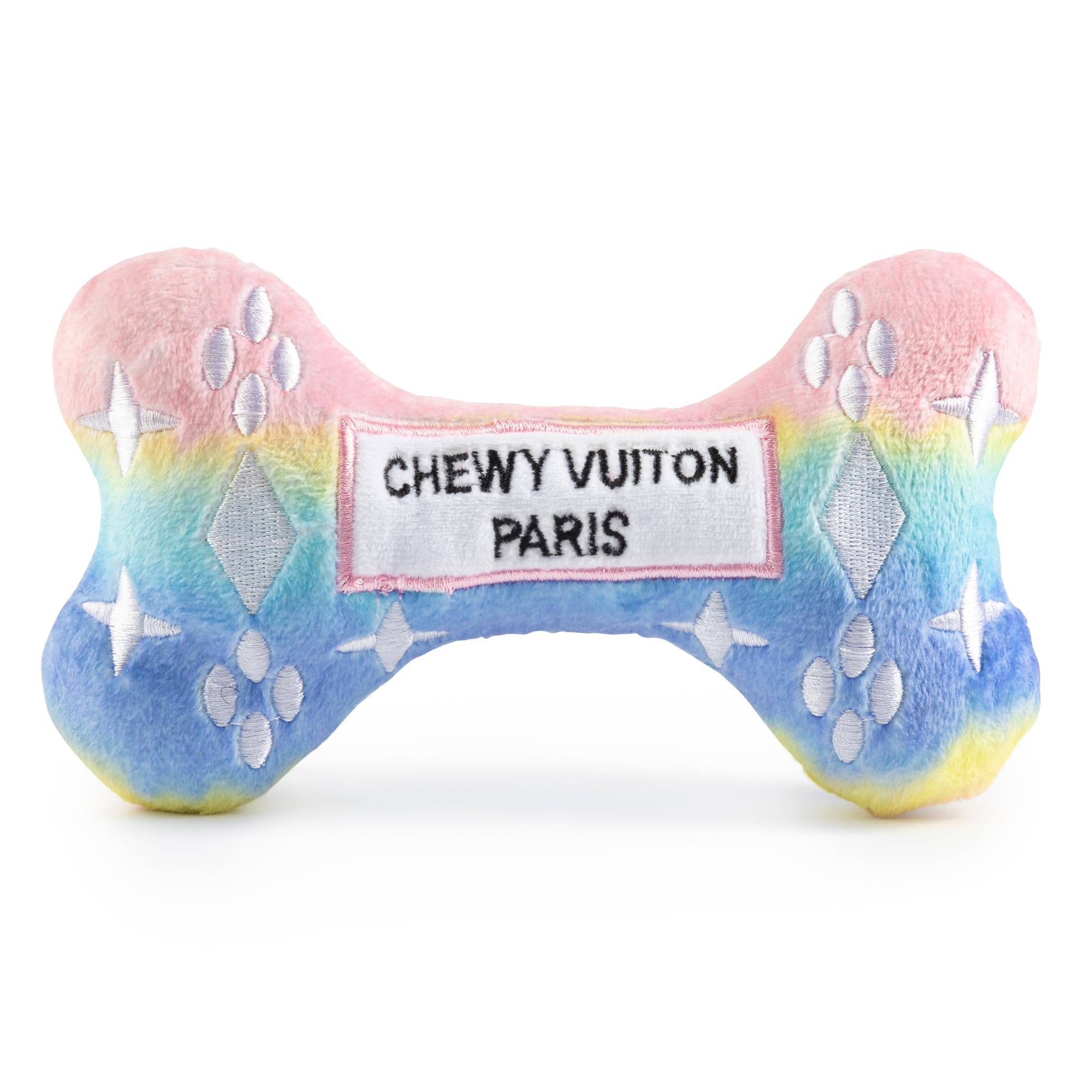 Haute Diggity Dog Pink Ombre Chewy Vuiton Bone close-up with squeaker for interactive play.