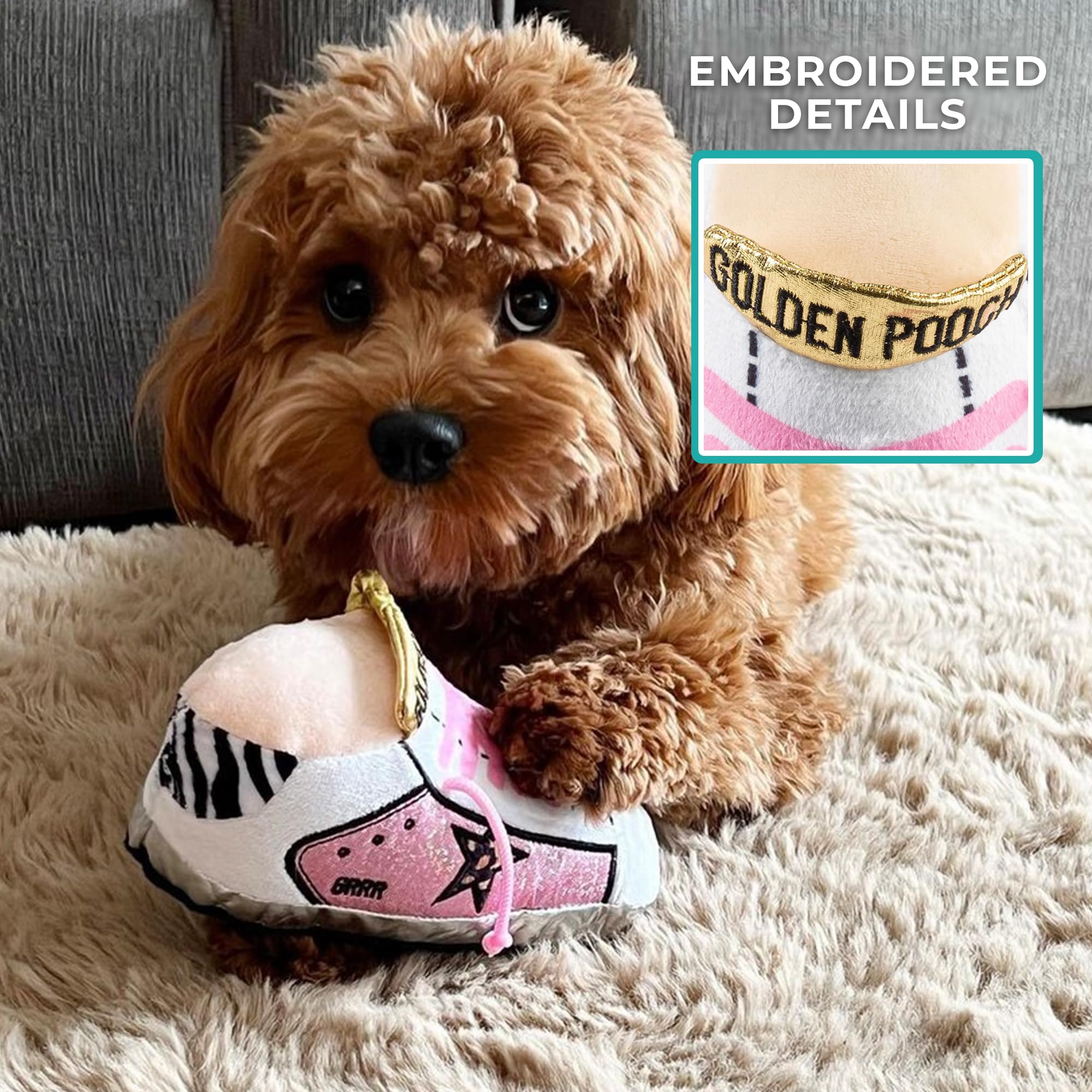 Haute Diggity Dog Plush toy embroidery detail shows premium fashion-inspired design for enrichment.