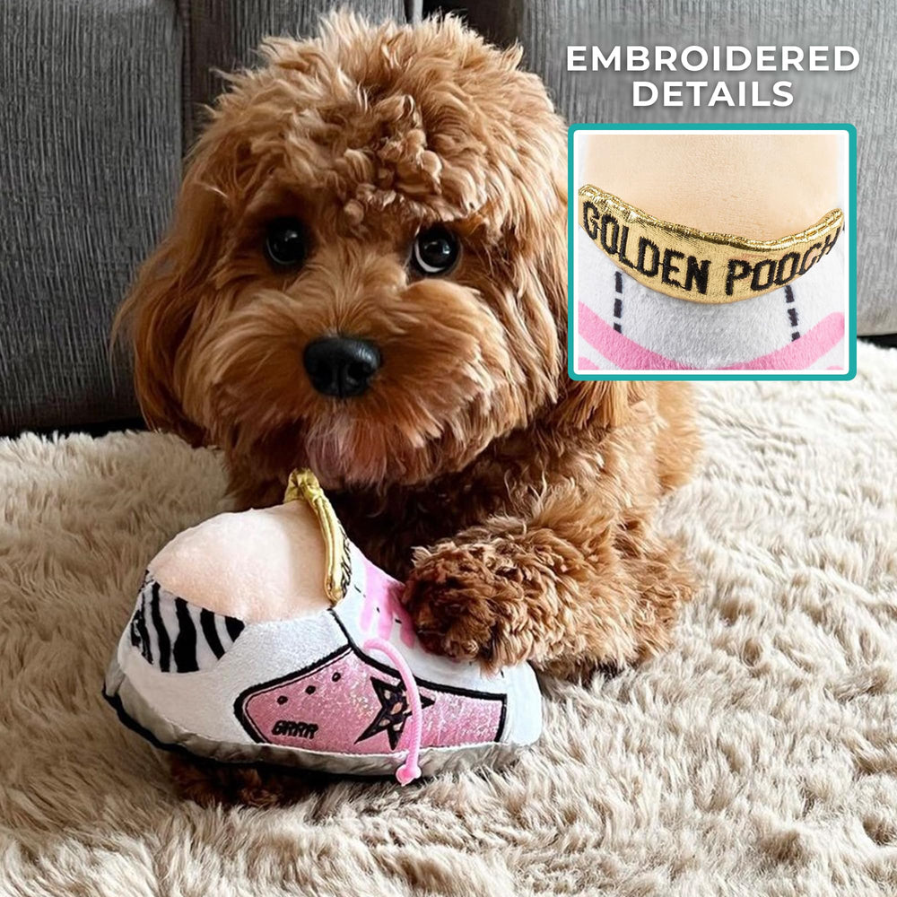 Haute Diggity Dog Plush toy embroidery detail shows premium fashion-inspired design for enrichment.