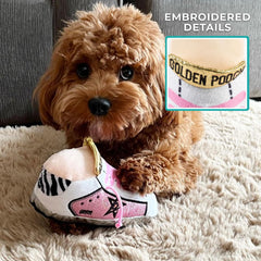 Haute Diggity Dog Plush toy embroidery detail shows premium fashion-inspired design for enrichment.