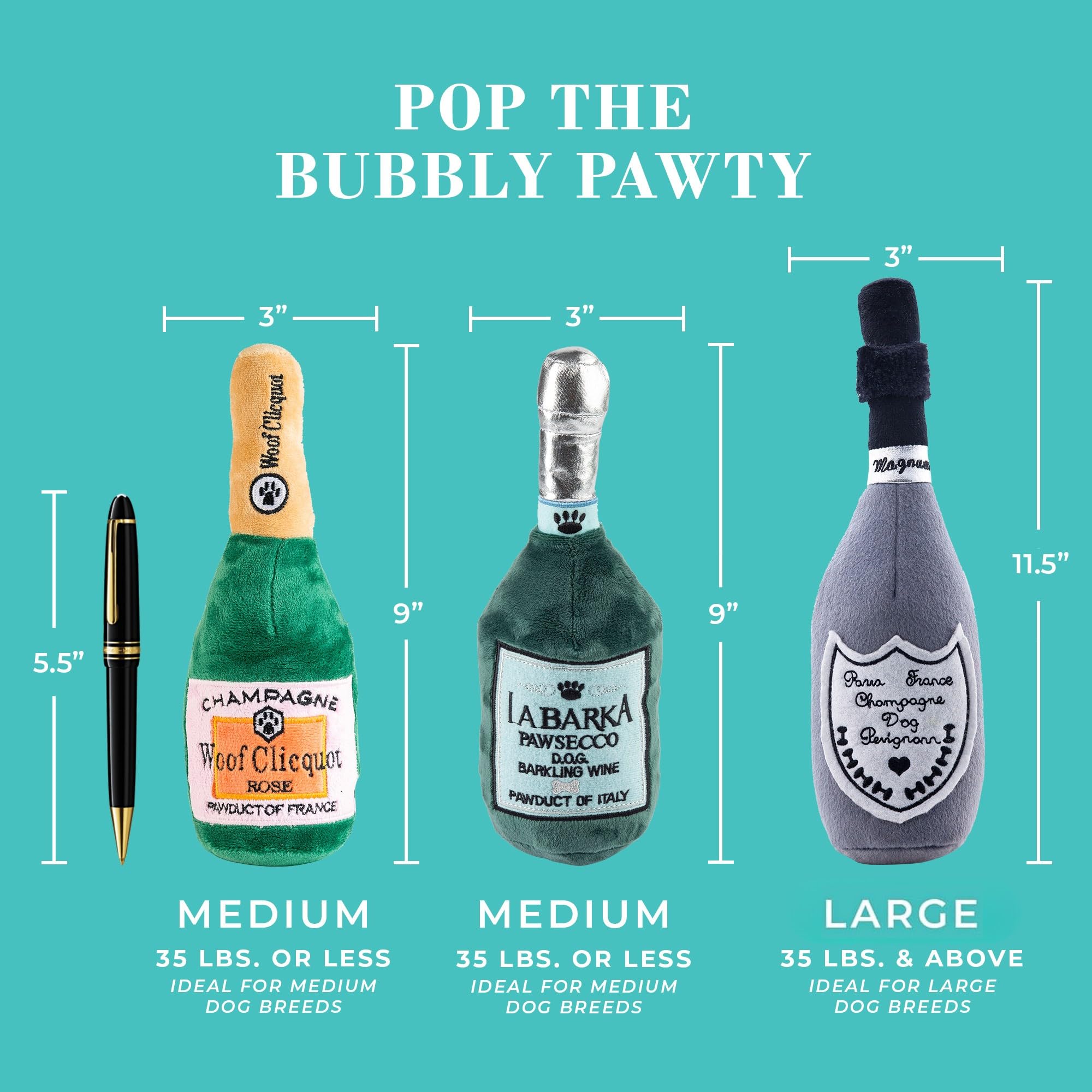 Haute Diggity Dog Pop The Bubbly Pawty Pawsecco toy closeup; durable plush for hours of play.