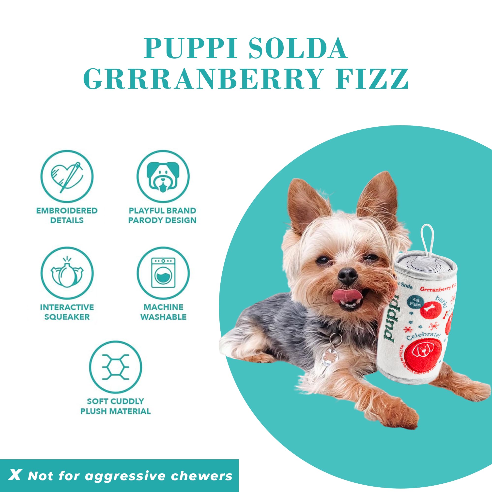 Haute Diggity Dog Puppi Solda Grrranberry Fizz plush texture closeup demonstrates soft, durable material.