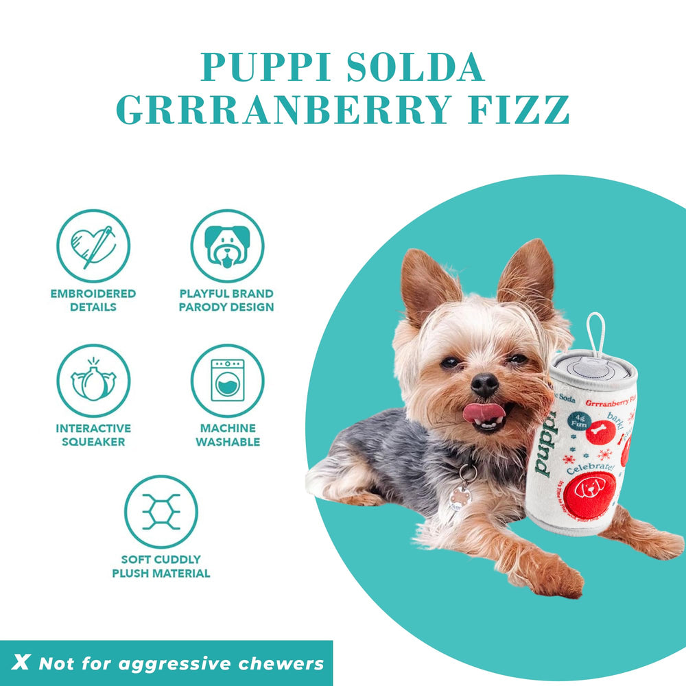 Haute Diggity Dog Puppi Solda Grrranberry Fizz plush texture closeup demonstrates soft, durable material.