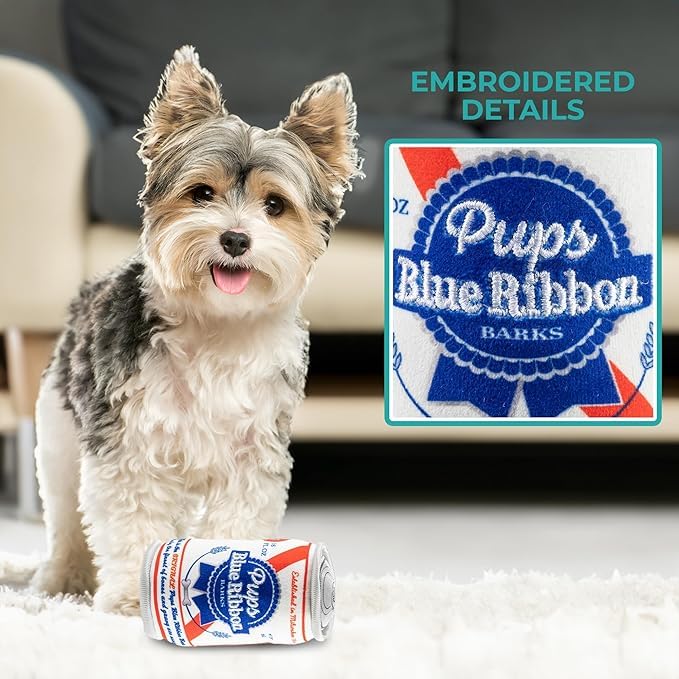Haute Diggity Dog Pups Blue Ribbon Beer Can plush material for soft, durable cuddles