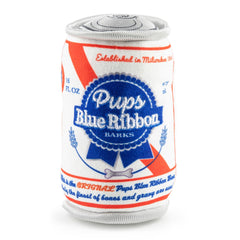 Haute Diggity Dog Pups Blue Ribbon Beer Can toy front view for playful fetch sessions