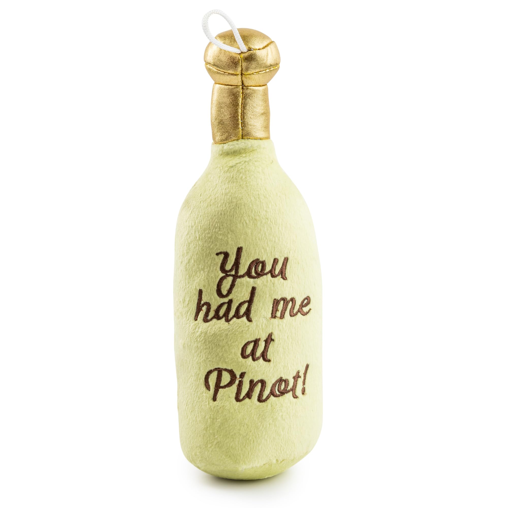 Santa Muttgarita toy features a golden cap and built-in squeaker for interactive fun.
