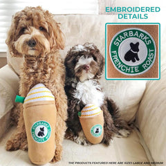 Haute Diggity Dog Starbarks Frappawcino toy embroidered detail showcases stylish parody branding.