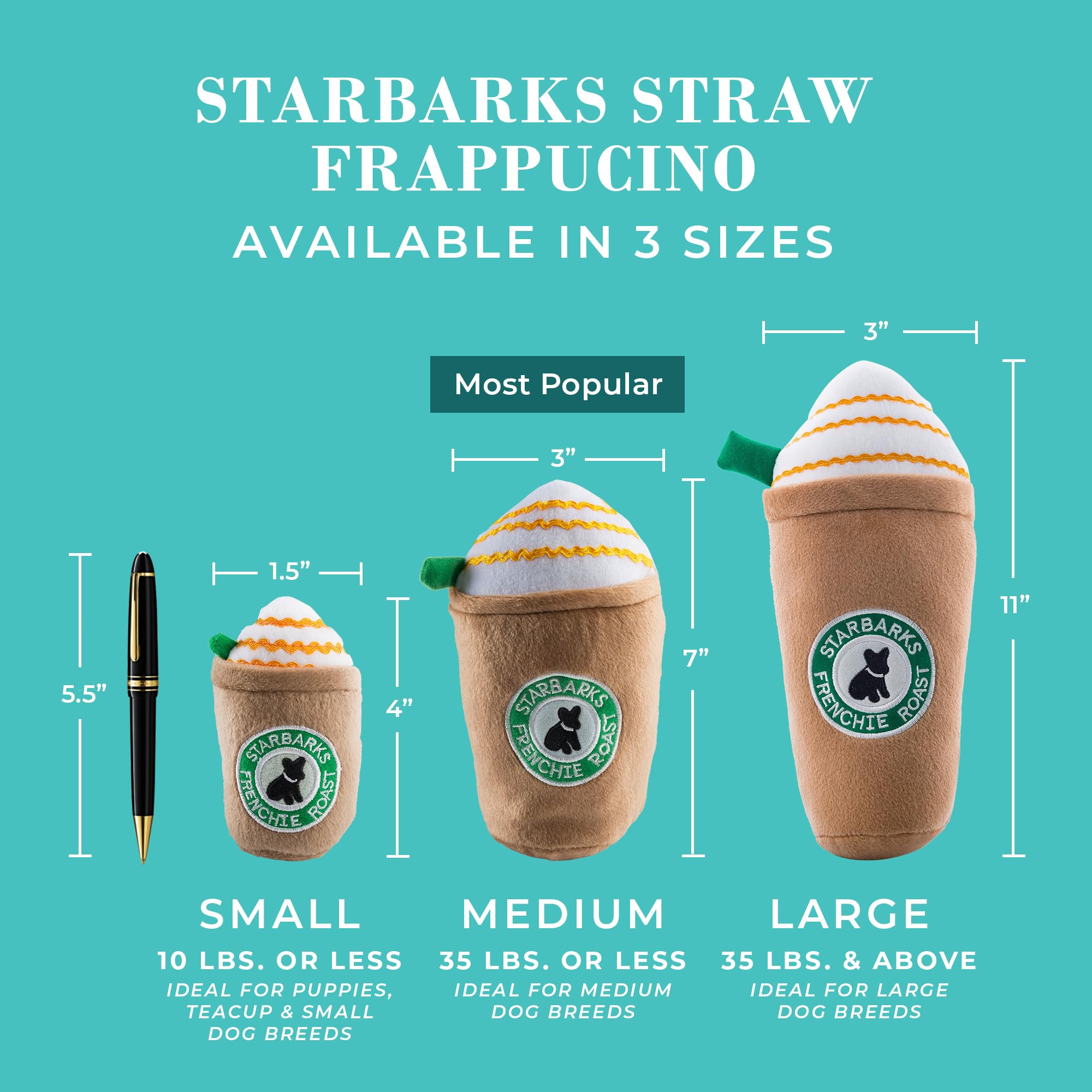 Haute Diggity Dog Starbarks Frappawcino toy squeaker inside adds interactive sound during play.