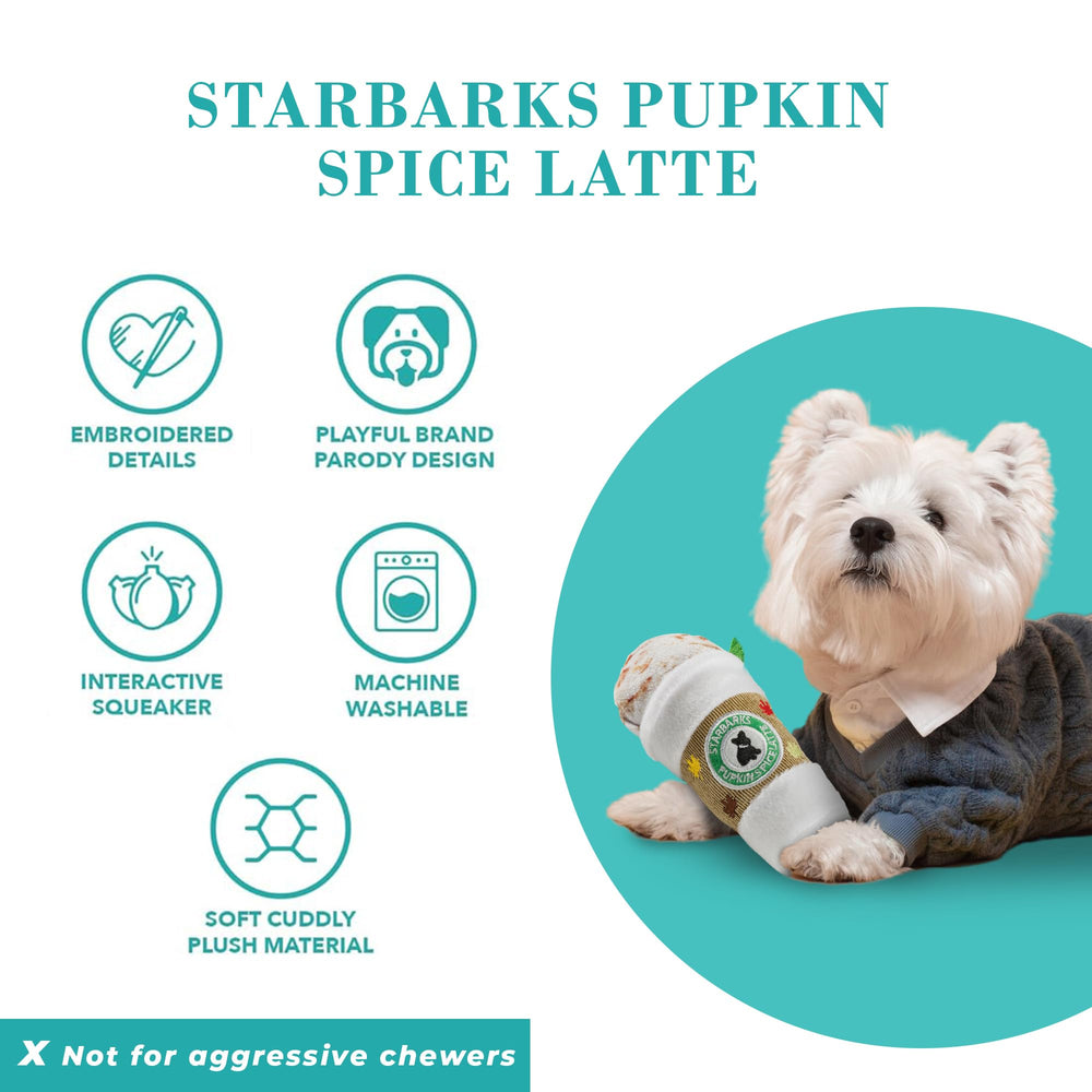 Starbarks Pupkin Spice Latte toy against colorful leaves for seasonal charm