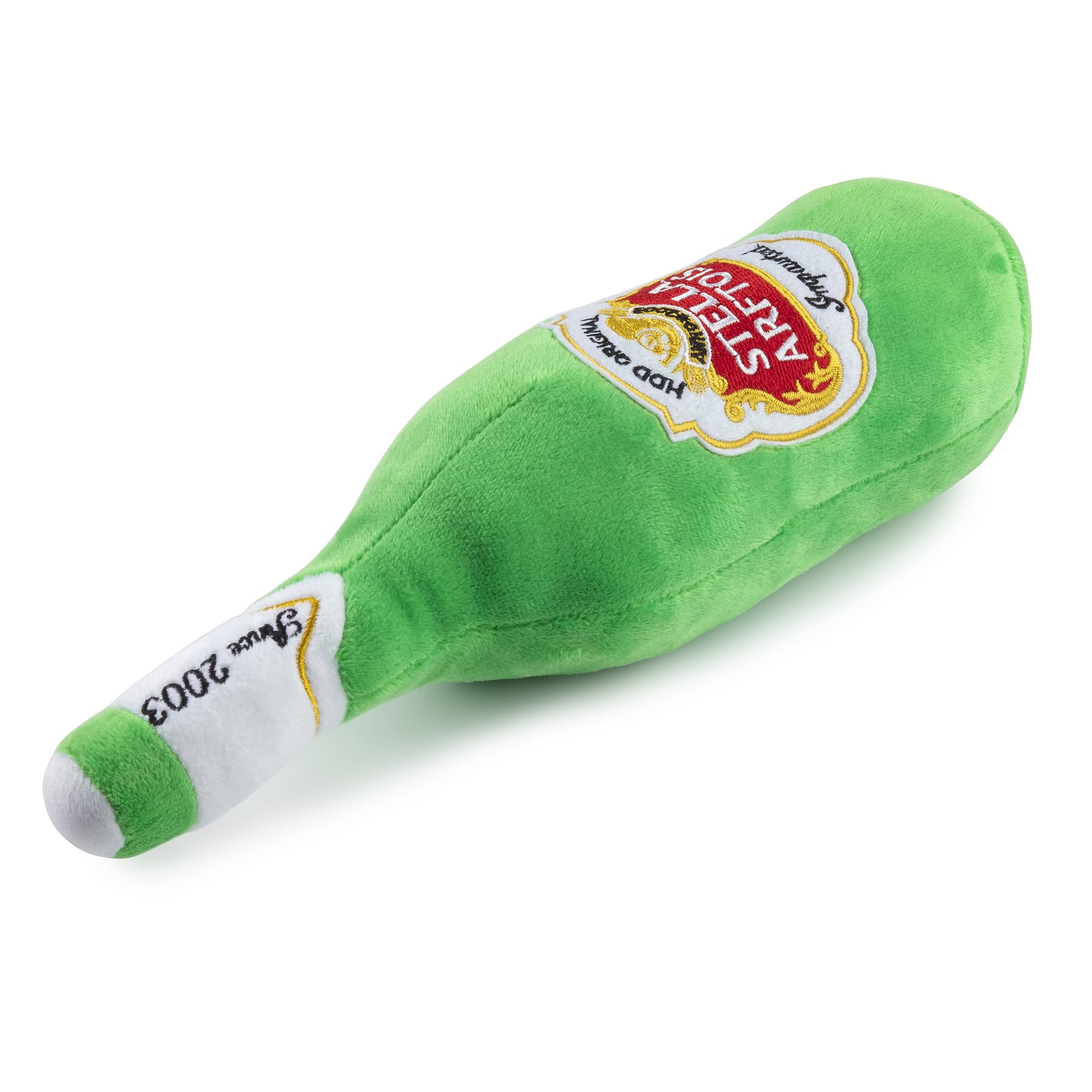 Stella Arftois plush toy in bright green invites fetch and tug sessions