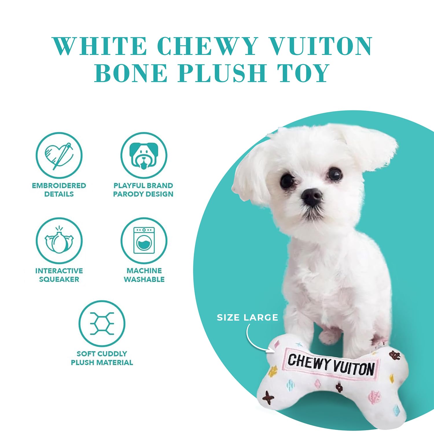 Haute Diggity Dog White Chewy Vuiton Bone embroidered details add elegance.