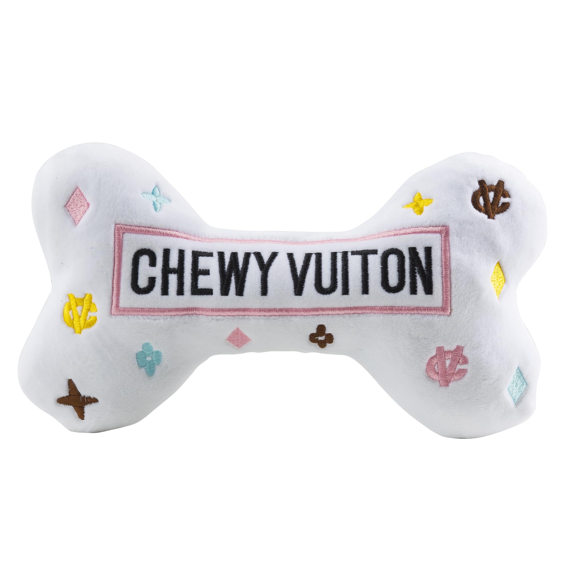 Haute Diggity Dog White Chewy Vuiton Bone exterior plush boosts playtime fashion.