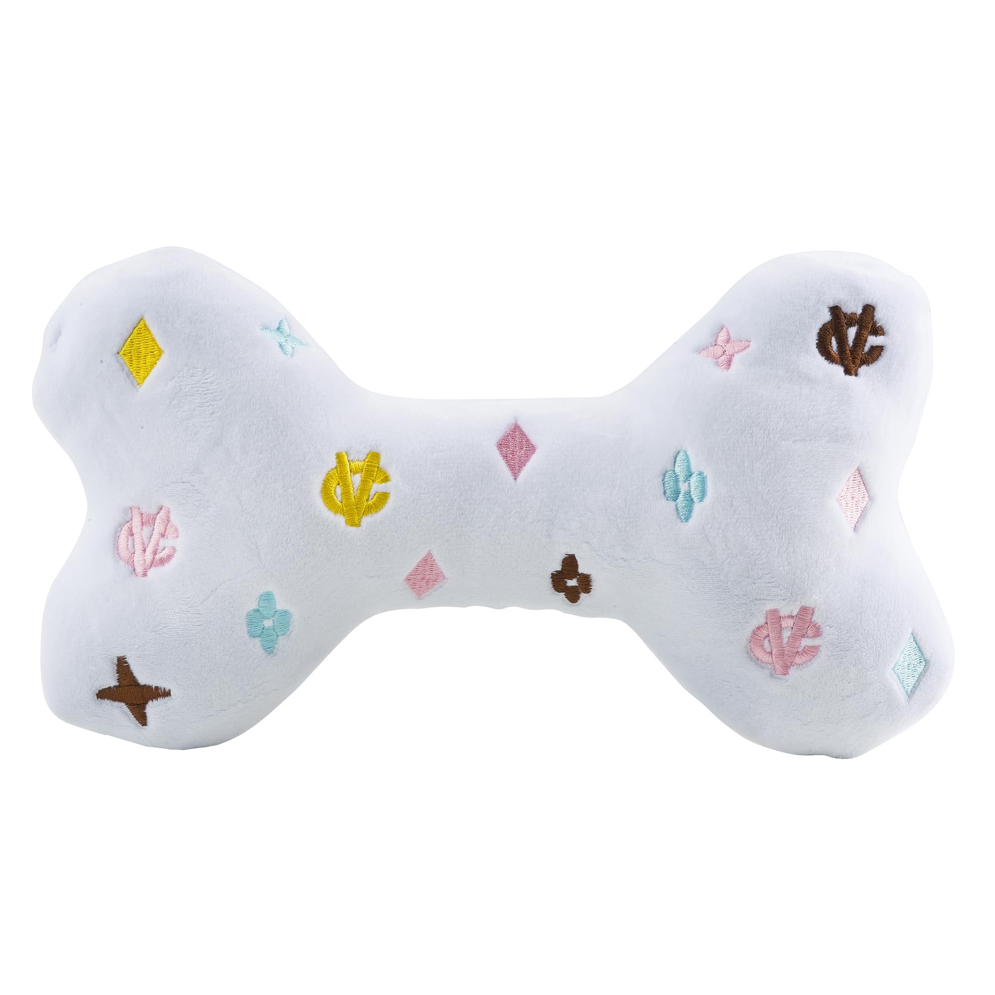 Haute Diggity Dog White Chewy Vuiton Bone inner-squeaker keeps dogs engaged during fetch.