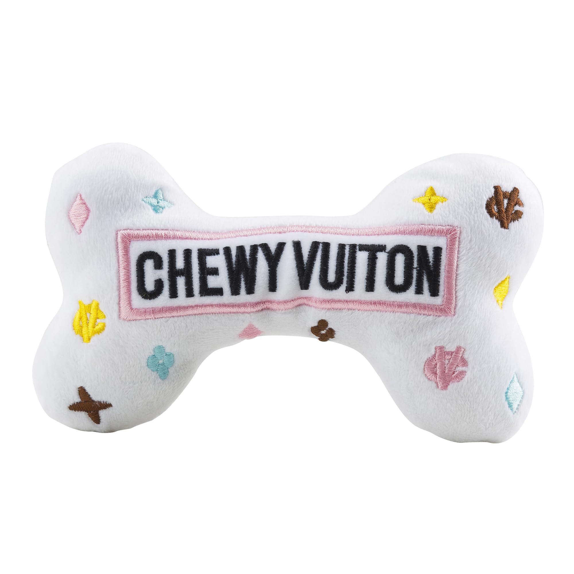 Haute Diggity Dog White Chewy Vuiton Bone's squeaker fuels interactive play and fetch.