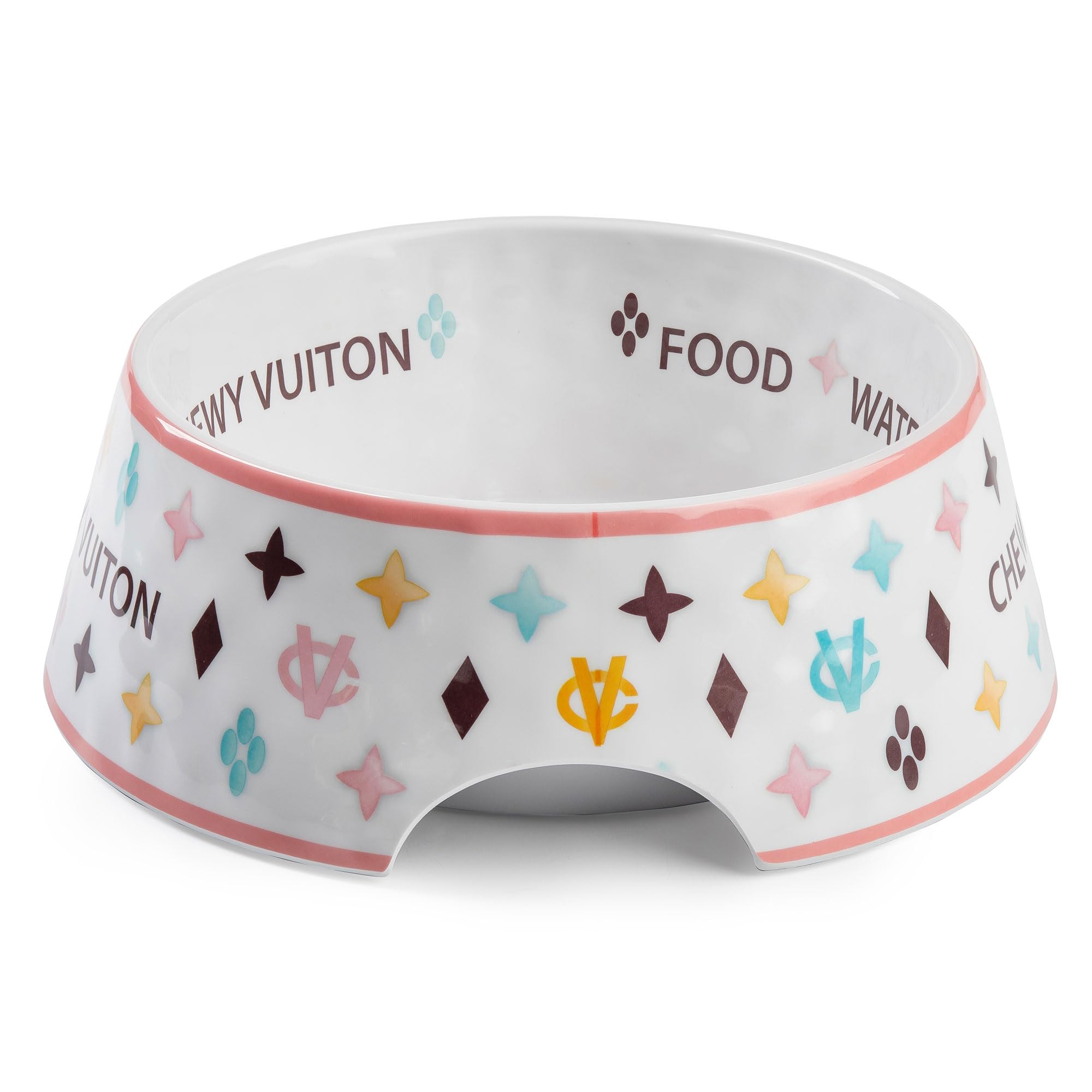 Haute Diggity Dog White Chewy Vuiton bowl side profile shows non-skid base