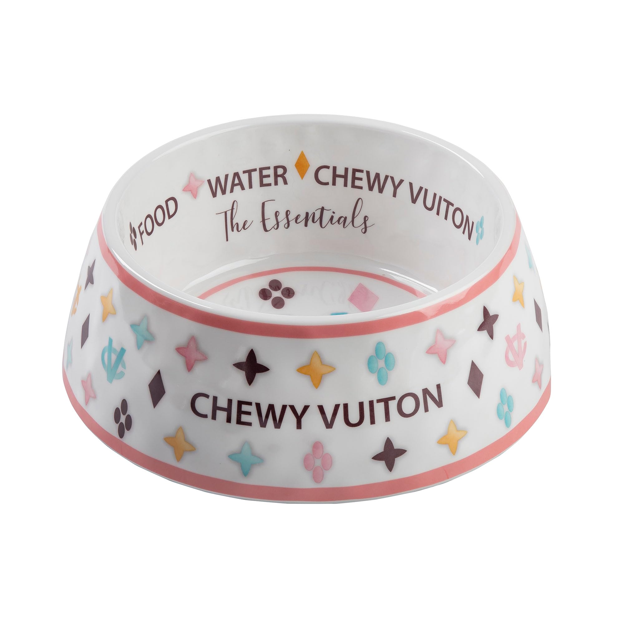 Haute Diggity Dog White Chewy Vuiton bowl side view shows non-skid stability during meals.