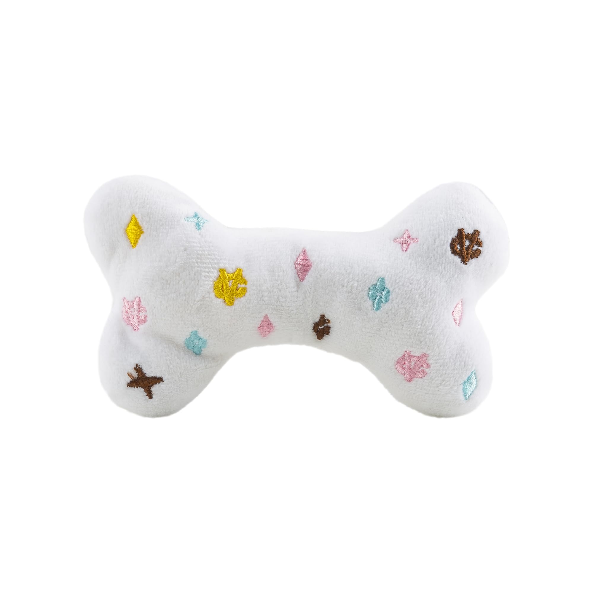 Detalles bordados coloridos en Haute Diggity Dog White Chewy Vuiton para un look atractivo