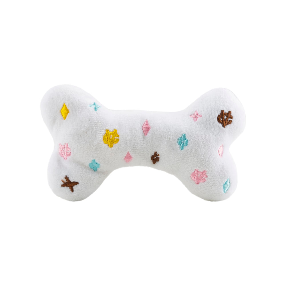 Detalles bordados coloridos en Haute Diggity Dog White Chewy Vuiton para un look atractivo