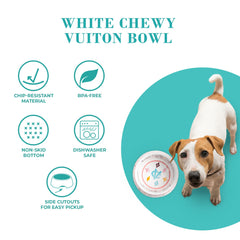 Haute Diggity Dog White Chewy Vuiton dishware top view shows durable, dishwasher-safe bowls.