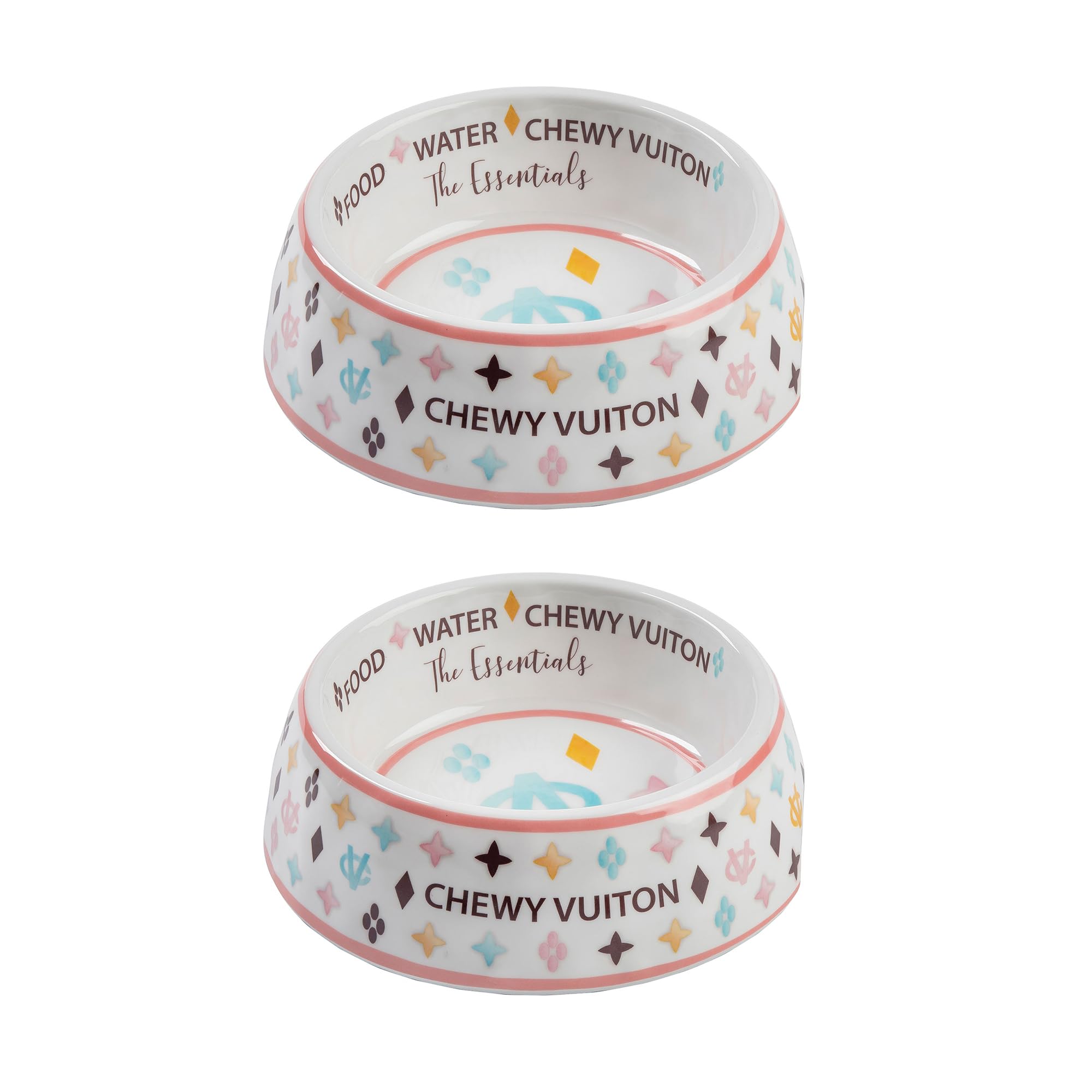 Haute Diggity Dog White Chewy Vuiton dog bowl with non-slip base for mess-free meals.