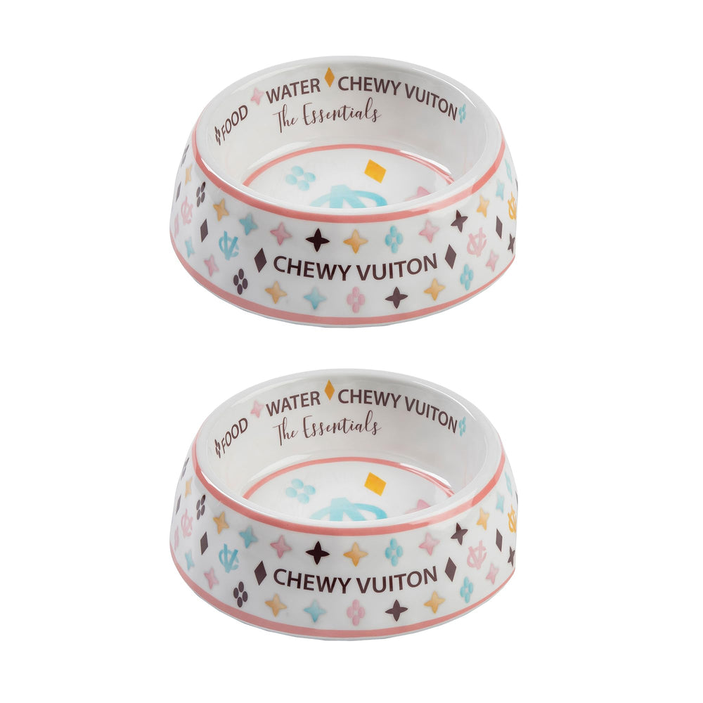 Haute Diggity Dog White Chewy Vuiton dog bowl with non-slip base for mess-free meals.