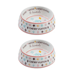 Haute Diggity Dog White Chewy Vuiton dog bowl with non-slip base for mess-free meals.