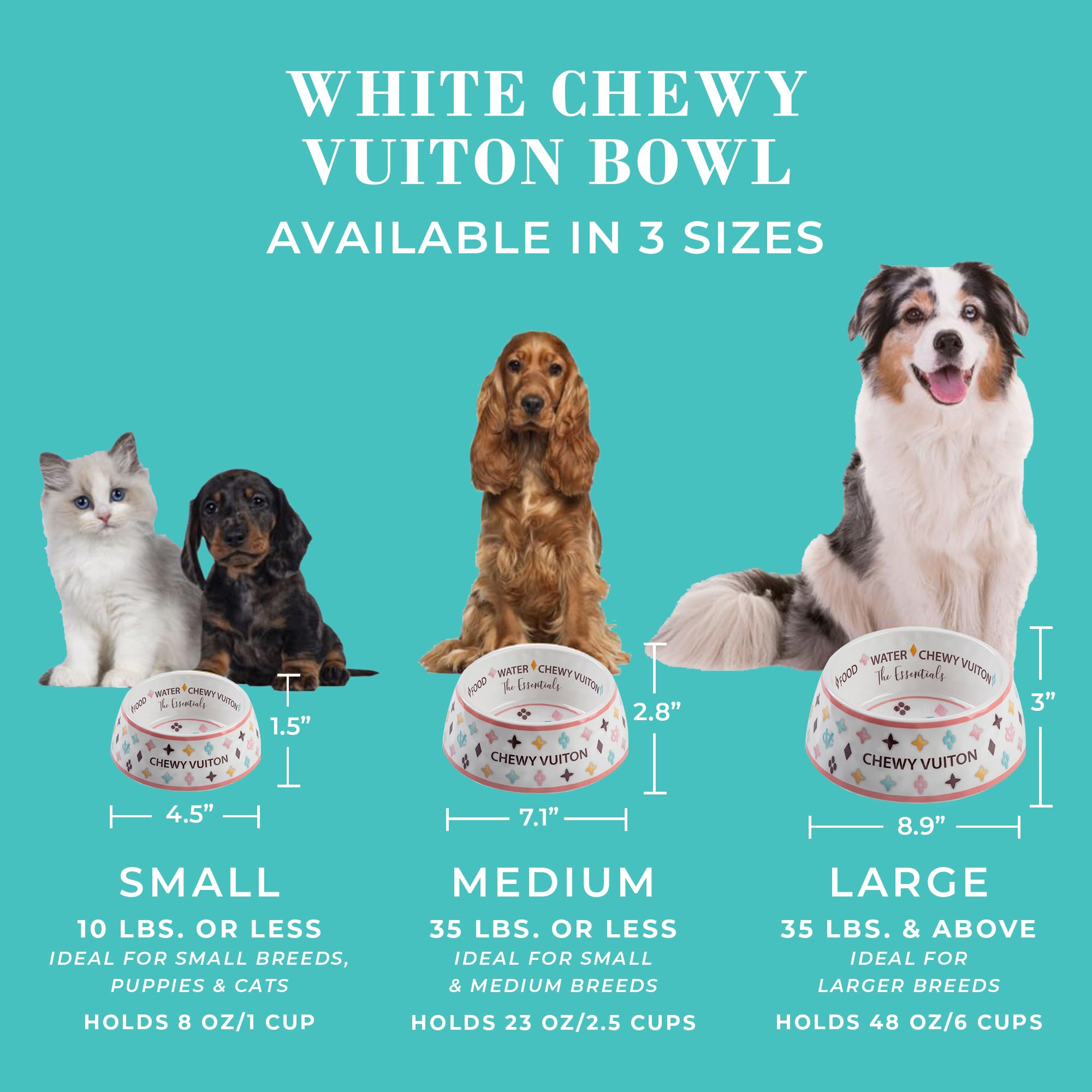 Haute Diggity Dog White Chewy Vuiton bowl close-up highlights stylish parody design.