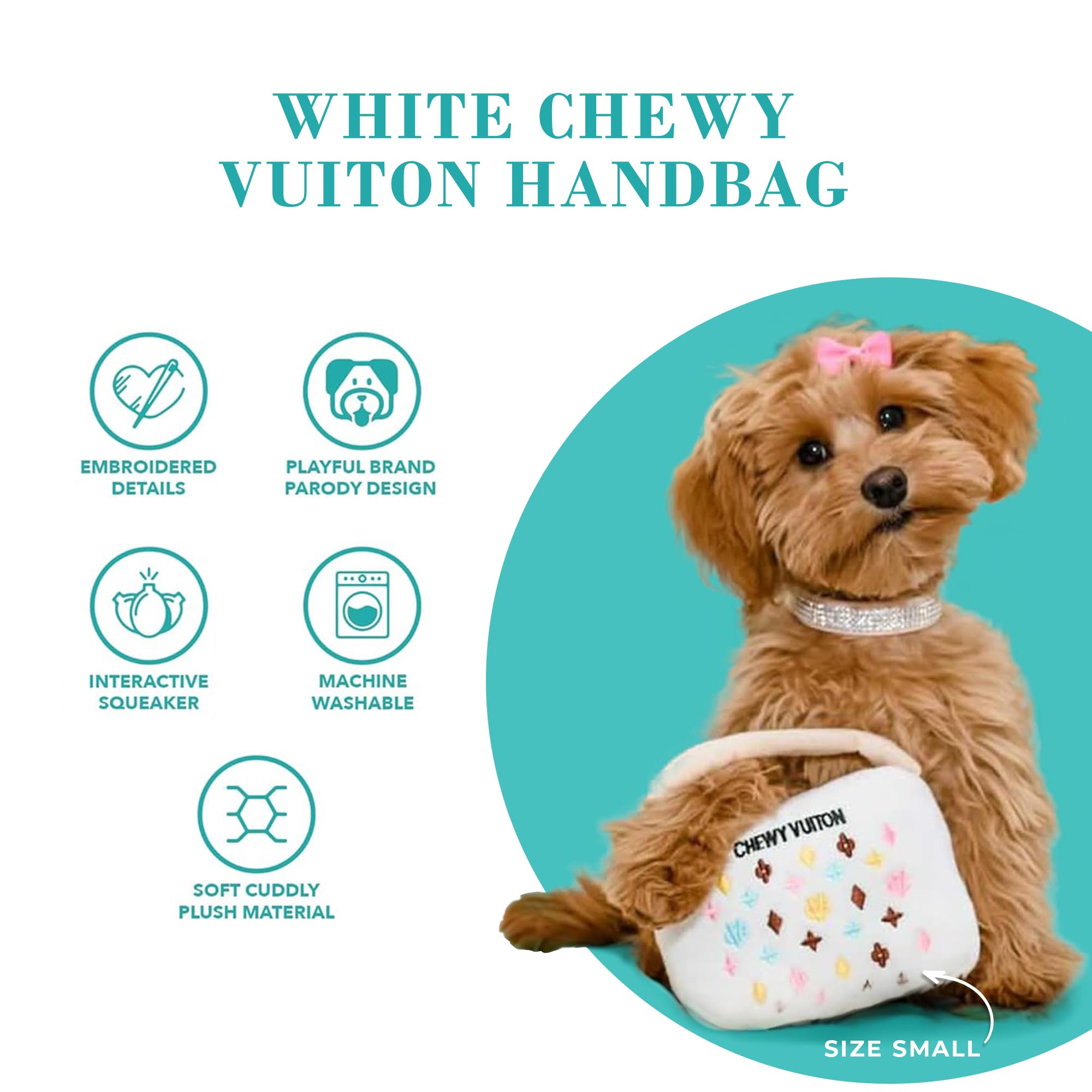 Haute Diggity Dog White Chewy Vuiton Handbag dimensions 9x6x3 inches for size reference.