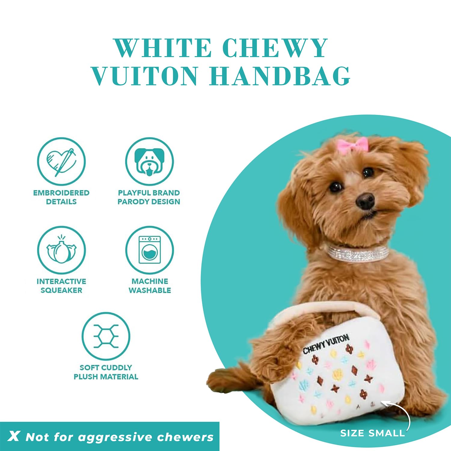 Haute Diggity Dog White Chewy Vuiton Handbag inner squeaker boosts interactive play sessions
