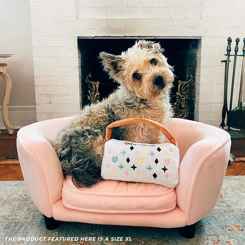 Haute Diggity Dog White Chewy Vuiton Handbag soft plush material ideal for cuddling.